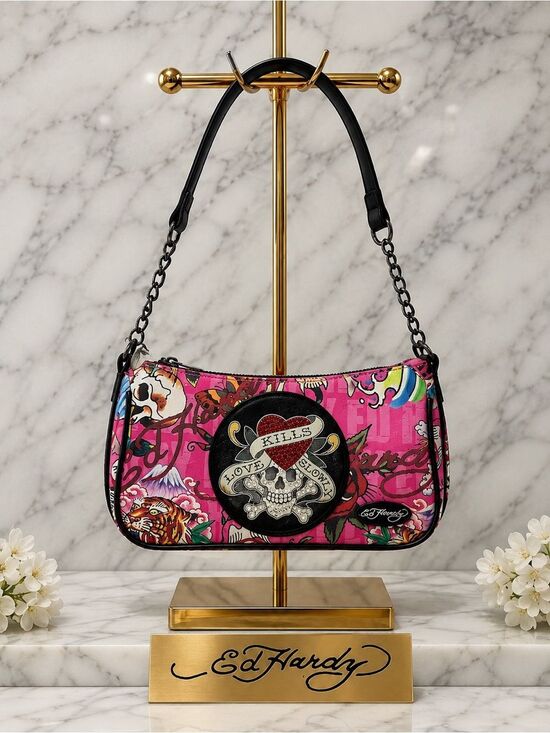 Ed Hardy Handbags - Ed Hardy Love Kills Slowly Pink Shoulder Bag NWT Y2K Skull Purse 10x5x2in